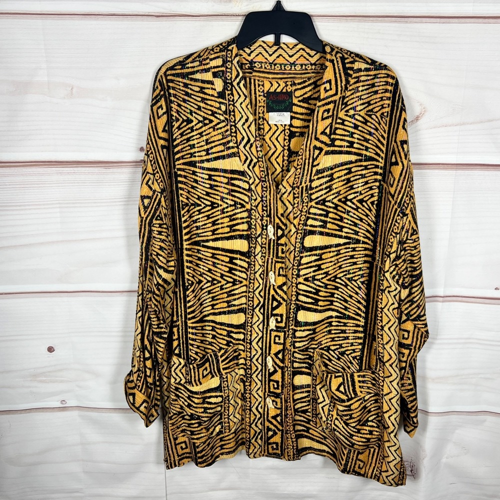 Ashro Top Womens Large Black Yellow Geometric Blouse Tunic Button Up Pockets